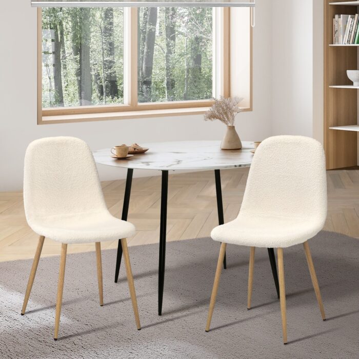 Oikiture 2x Dining Chairs Sherpa White and Wooden - Image 7