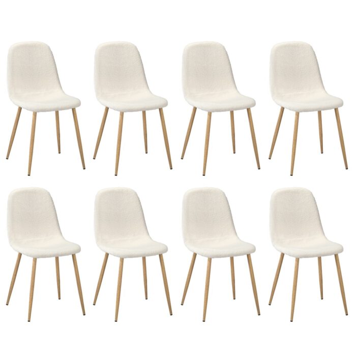 Oikiture 8x Dining Chairs Sherpa White and Wooden - Image 8