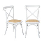 Oikiture 2PCS Crossback Dining Chair Solid Wood Ratan Seat White