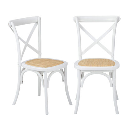 Oikiture 2PCS Crossback Dining Chair Solid Wood Ratan Seat White