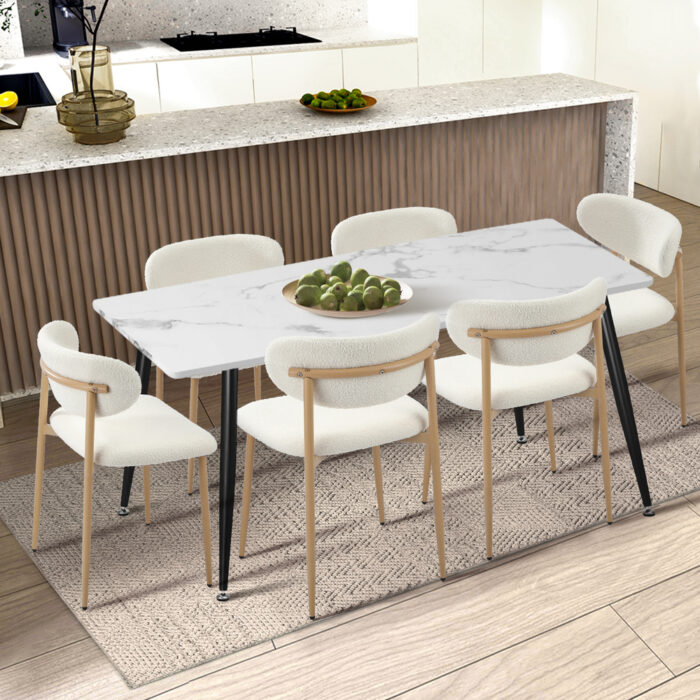 Oikiture 8x Dining Chairs Boucle Fabric Wood&White - Image 3