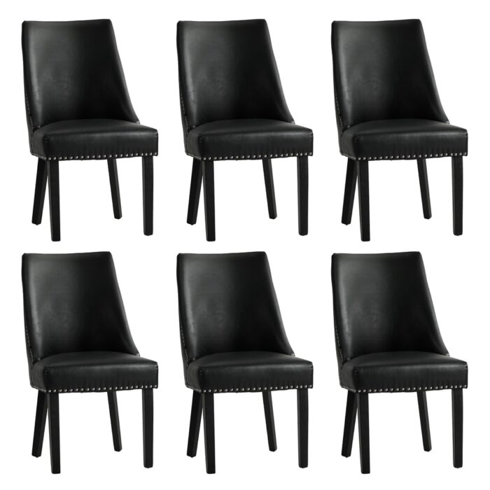 Oikiture 6PCs PU Leather Dining Chair Padded Seat Winglet Design Black - Image 4