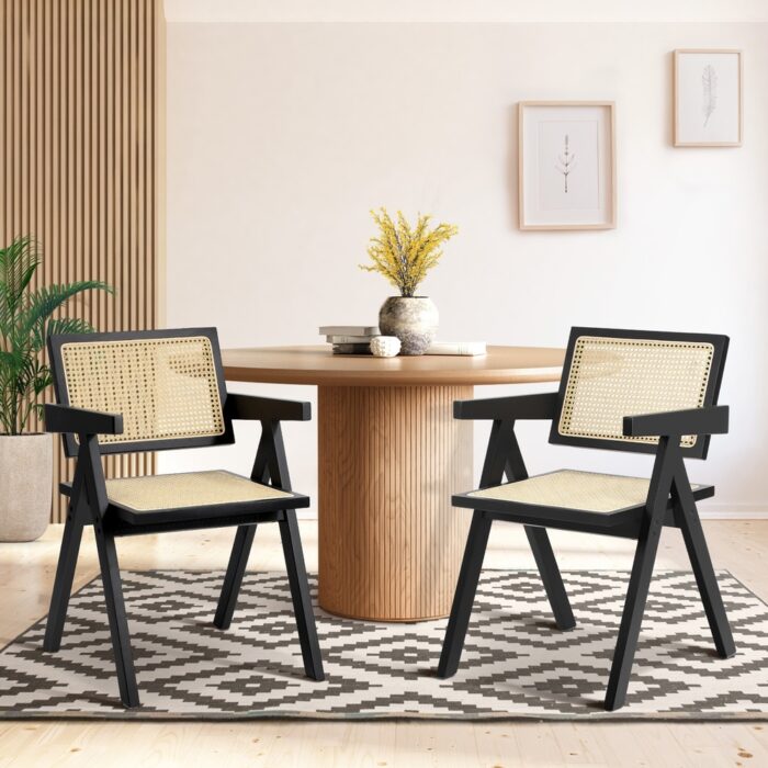 Oikiture 2x Dining Chairs Rattan Chair Wooden Balck - Image 4