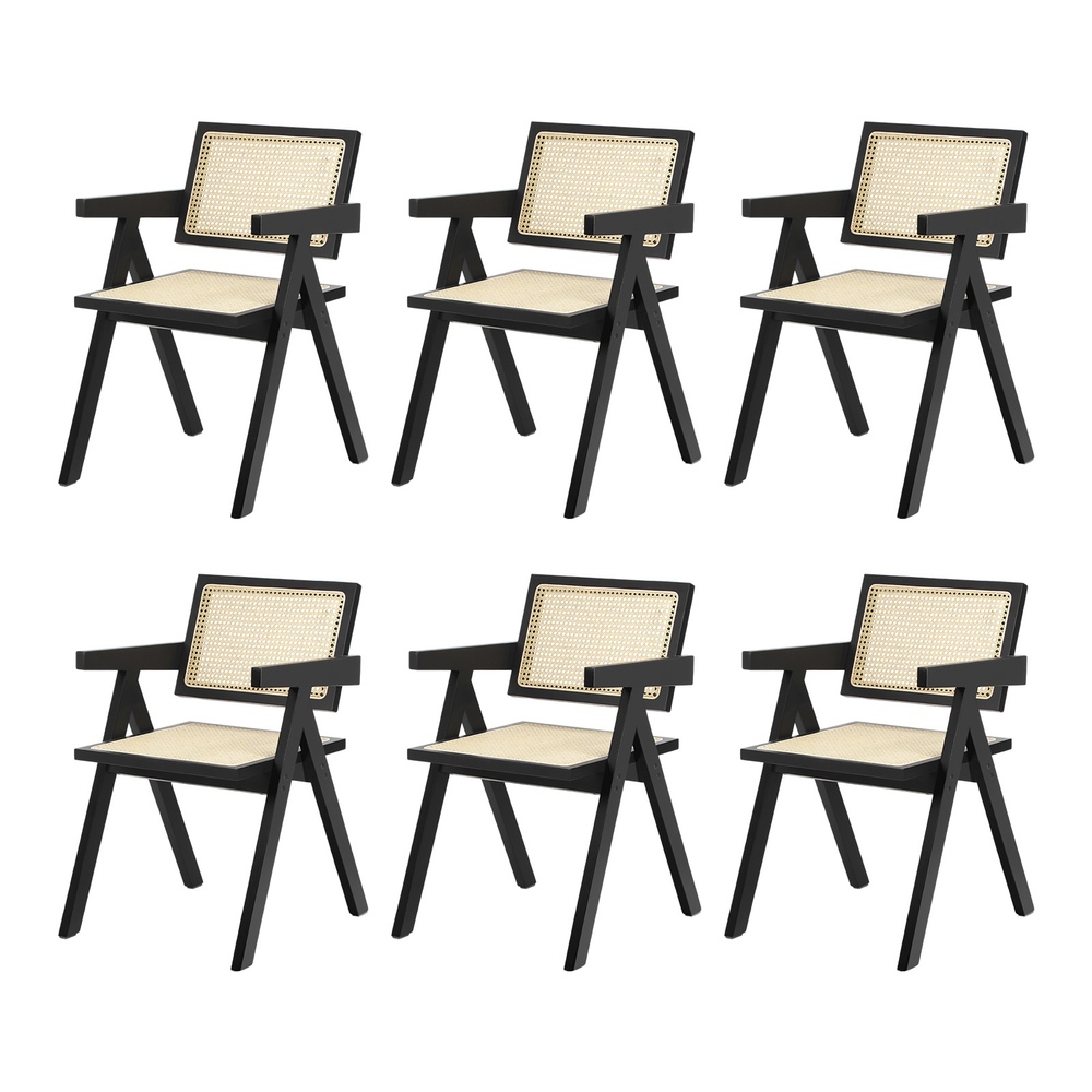 DCH-RUDI-BK-2PCX3-01 Oikiture 6x Dining Chairs Rattan Chair Wooden Balck - Image 1