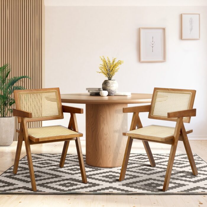 Oikiture 2x Dining Chairs Rattan Chair Wooden Walnut - Image 2