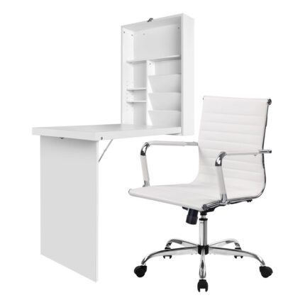 Artiss Computer Desk Office Chair Set PU Leather Wall Mount Foldable Table White