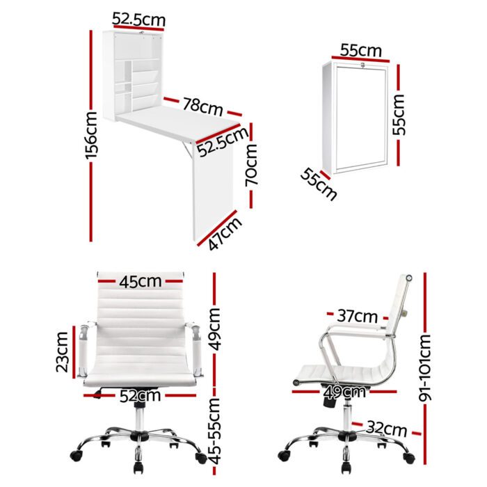 Artiss Computer Desk Office Chair Set PU Leather Wall Mount Foldable Table White - Image 2
