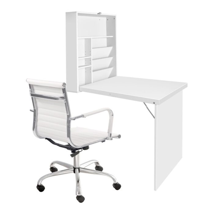 Artiss Computer Desk Office Chair Set PU Leather Wall Mount Foldable Table White - Image 3