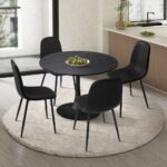 Oikiture 90cm Round Dining Table with 4x Dining Chairs PU Leather Black - Image 5