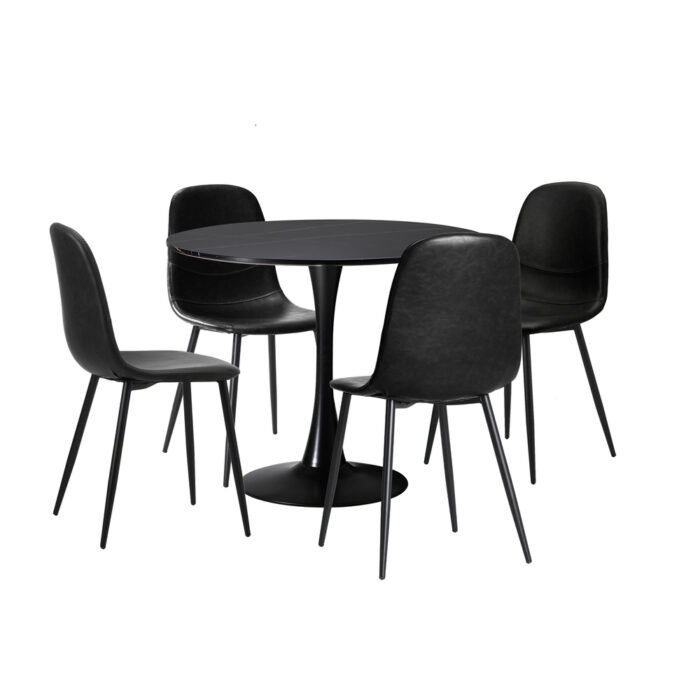Oikiture 90cm Round Dining Table with 4x Dining Chairs PU Leather Black - Image 9