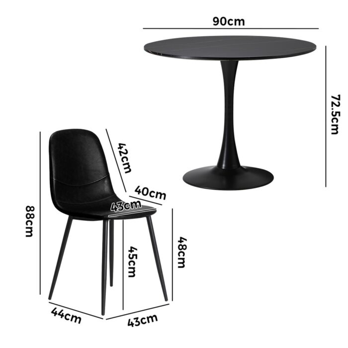 Oikiture 90cm Round Dining Table with 4x Dining Chairs PU Leather Black - Image 6