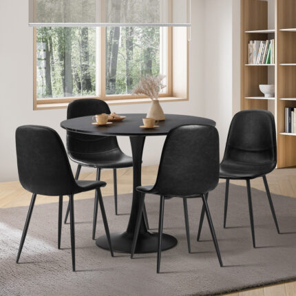 Oikiture 90cm Round Dining Table with 4x Dining Chairs PU Leather Black