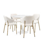Oikiture 90cm Round Dining Table with 4x Dining Chairs Sherpa Gold&White