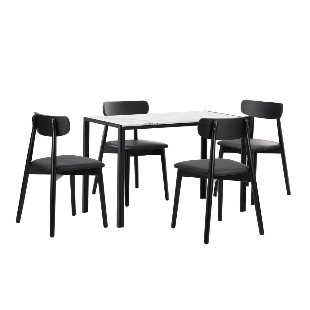 DIN-SETS-DR-5PC-01 Oikiture 1.2m Dining Table with 4PCS Wooden Chairs Set PU Leather White & Black - Image 1
