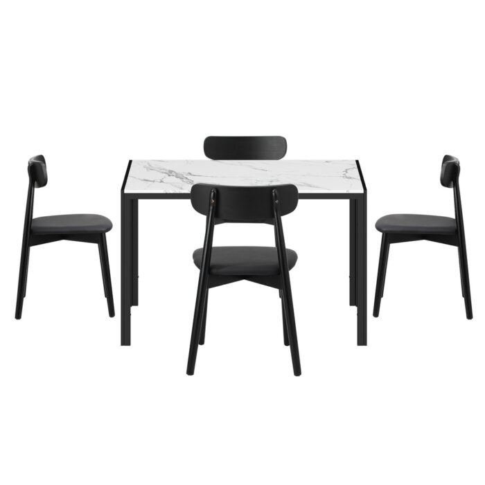 Oikiture 1.2m Dining Table with 4PCS Wooden Chairs Set PU Leather White & Black - Image 4