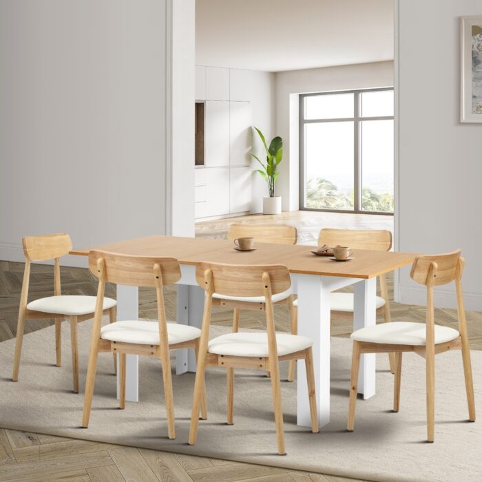 Oikiture 160cm Extendable Dining Table with 6x Dining Chairs PU Leather White - Image 3