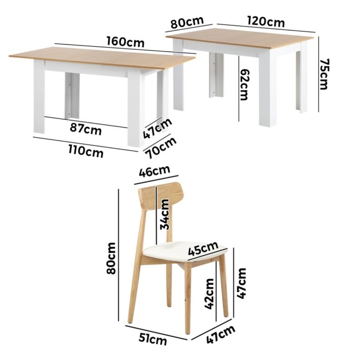 Oikiture 160cm Extendable Dining Table with 6x Dining Chairs PU Leather White - Image 5
