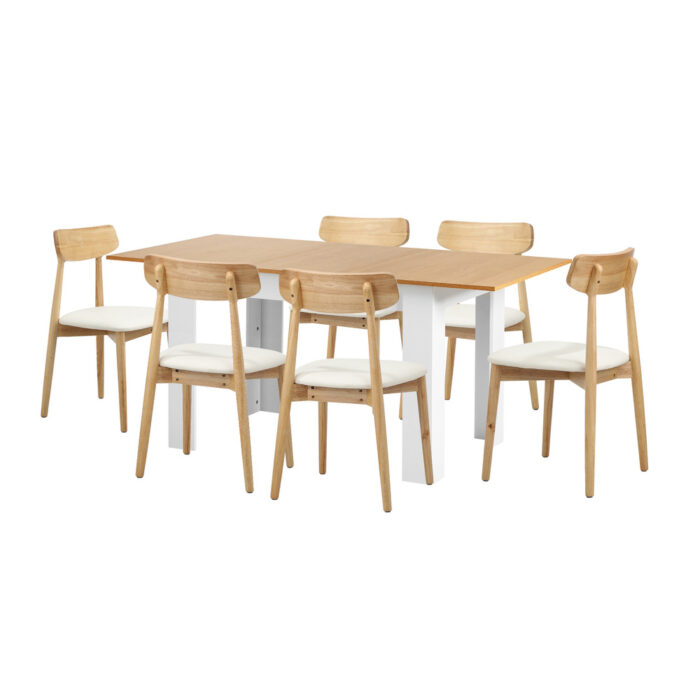 Oikiture 160cm Extendable Dining Table with 6x Dining Chairs PU Leather White - Image 2