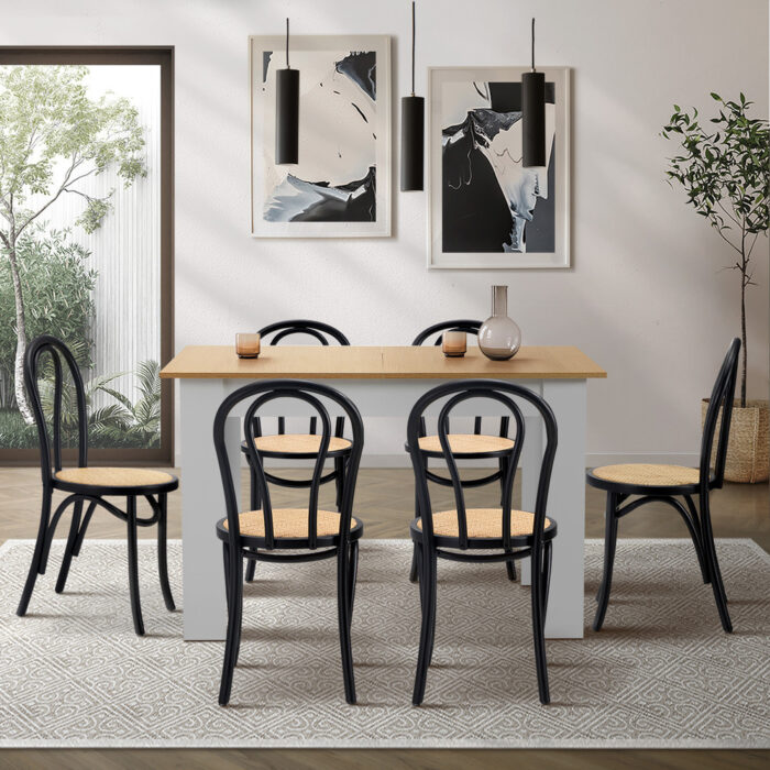 Oikiture 160cm Extendable Dining Table with 6PCS Crossback Chairs Black - Image 8