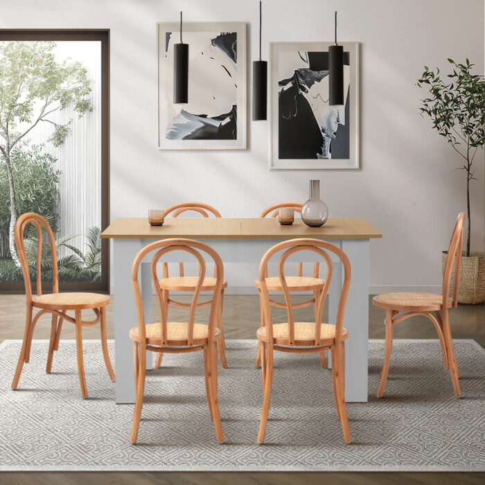 Oikiture 160cm Extendable Dining Table with 6PCS Crossback Chairs Natural - Image 3