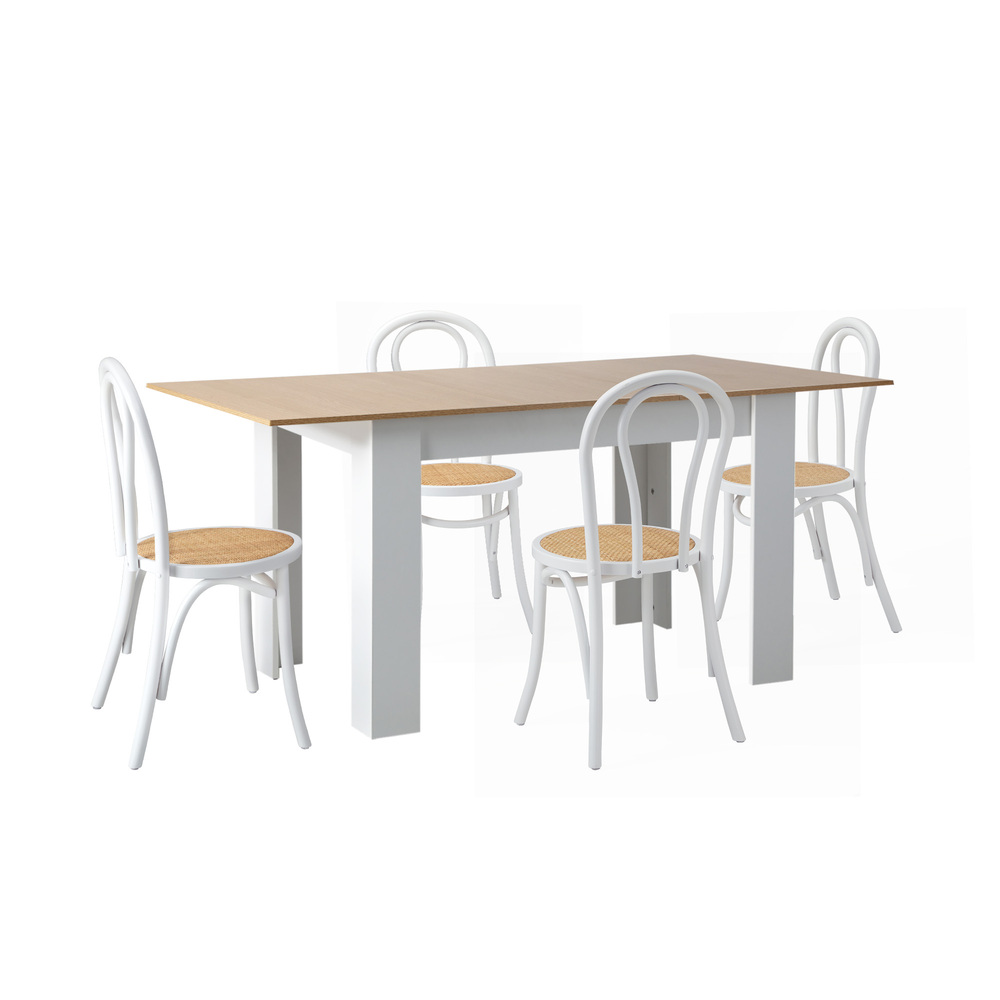DIN-SETS-EXTH-WH-5PC-01 Oikiture 160cm Extendable Dining Table with 4PCS Crossback Chairs White - Image 1
