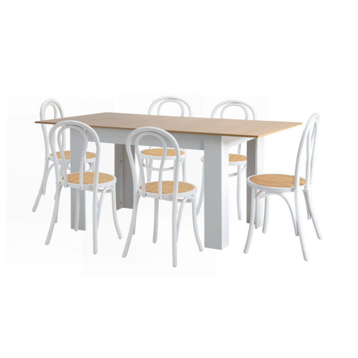 Oikiture 160cm Extendable Dining Table with 6PCS Crossback Chairs White - Image 8