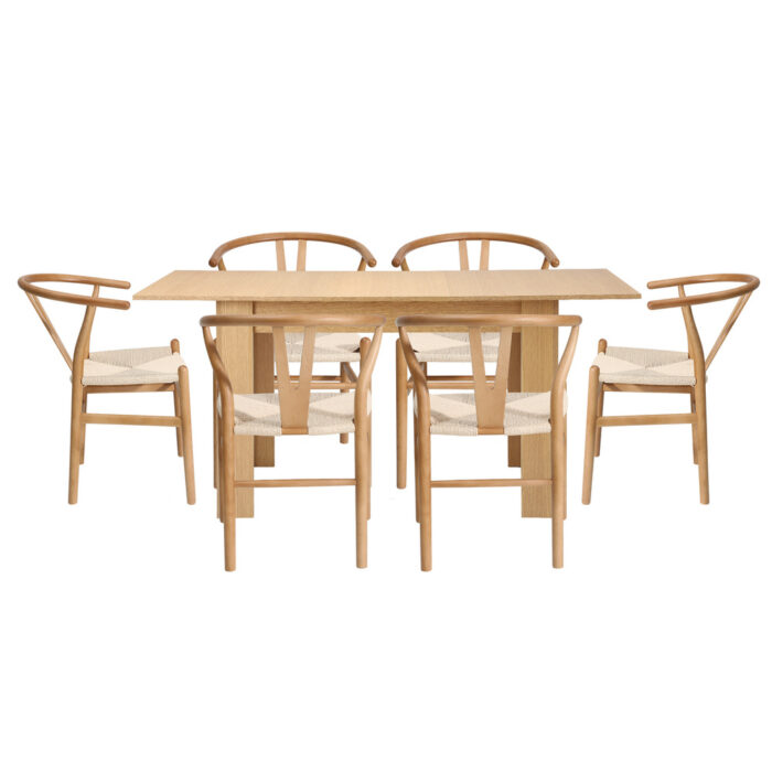 Oikiture 160cm Extendable Dining Table with 6x Hans Wegner Dining Chairs Natural - Image 9