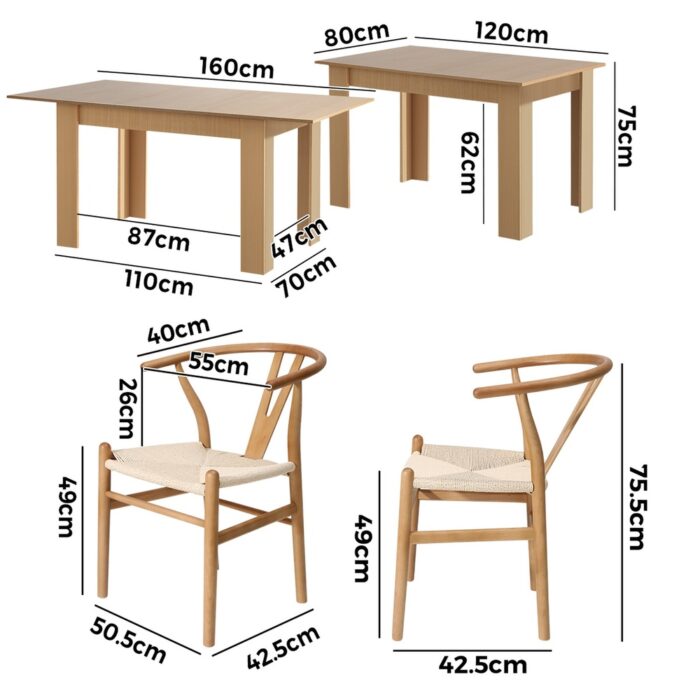 Oikiture 160cm Extendable Dining Table with 6x Hans Wegner Dining Chairs Natural - Image 5