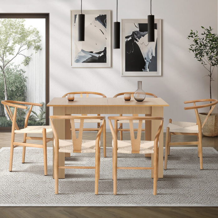 Oikiture 160cm Extendable Dining Table with 6x Hans Wegner Dining Chairs Natural - Image 7