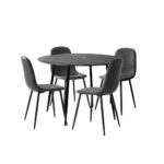 Oikiture 110cm Round Dining Table with 4PCS Dining Chairs PU Grey&Black