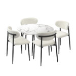 Oikiture 110cm Round Dining Table with 4x Dining Chairs Boucle Black&White
