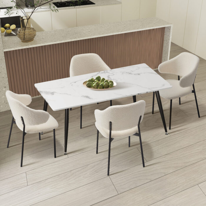 Oikiture 120cm Rectangle Dining Table with 4PCS Chairs Sherpa White - Image 5