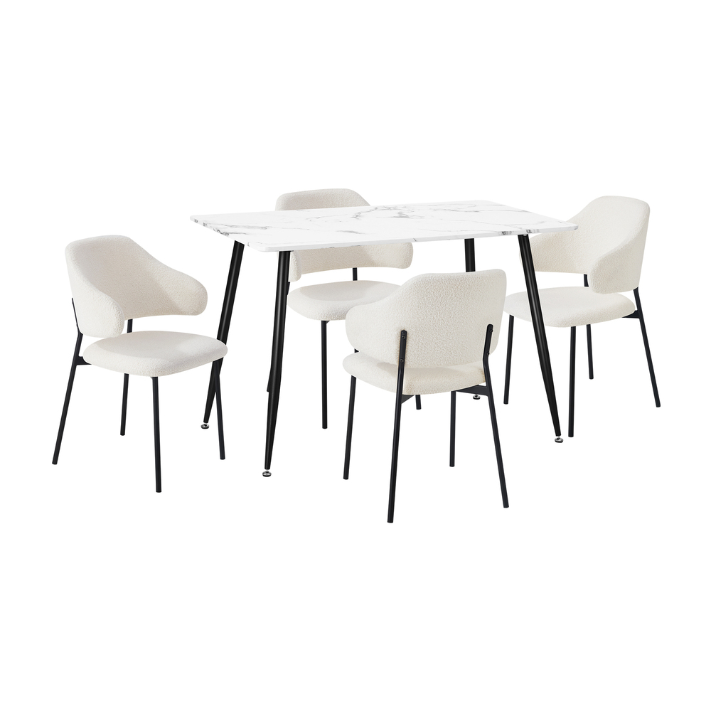 DIN-SETS-VW-120-WH-5PC-01 Oikiture 120cm Rectangle Dining Table with 4PCS Chairs Sherpa White - Image 1