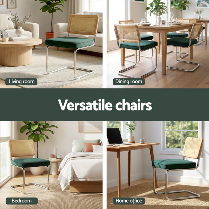 Artiss Dining Chairs Set of 4 Velvet Rattan Cantilever Green - Image 5