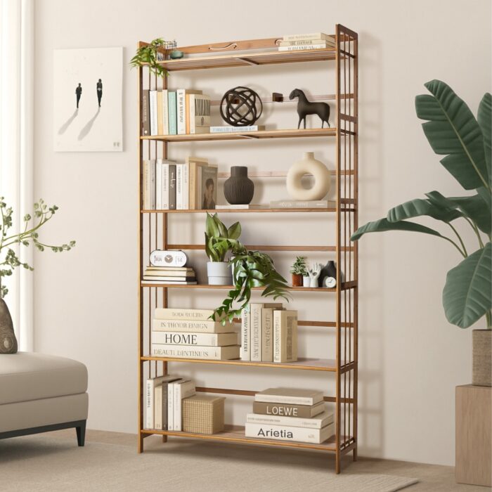 Oikiture 6-tier Bamboo Bookshelf Bookcase Adjustable Display Shelf - Image 7