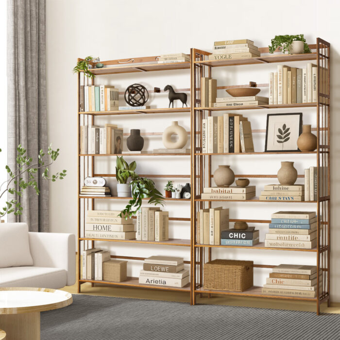 Oikiture 6-tier Bamboo Bookshelf Bookcase Adjustable Display Shelf - Image 8