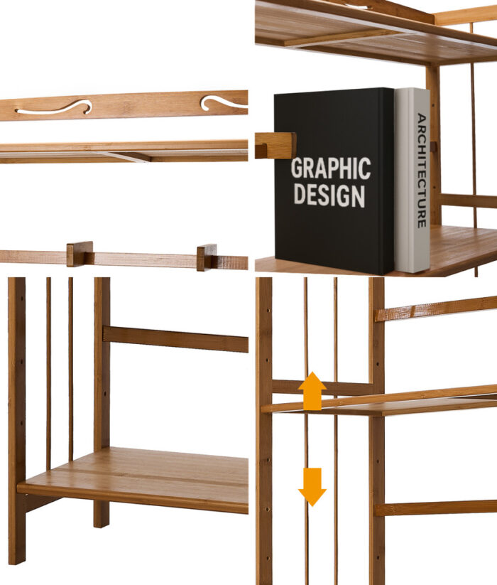 Oikiture 6-tier Bamboo Bookshelf Bookcase Adjustable Display Shelf - Image 2