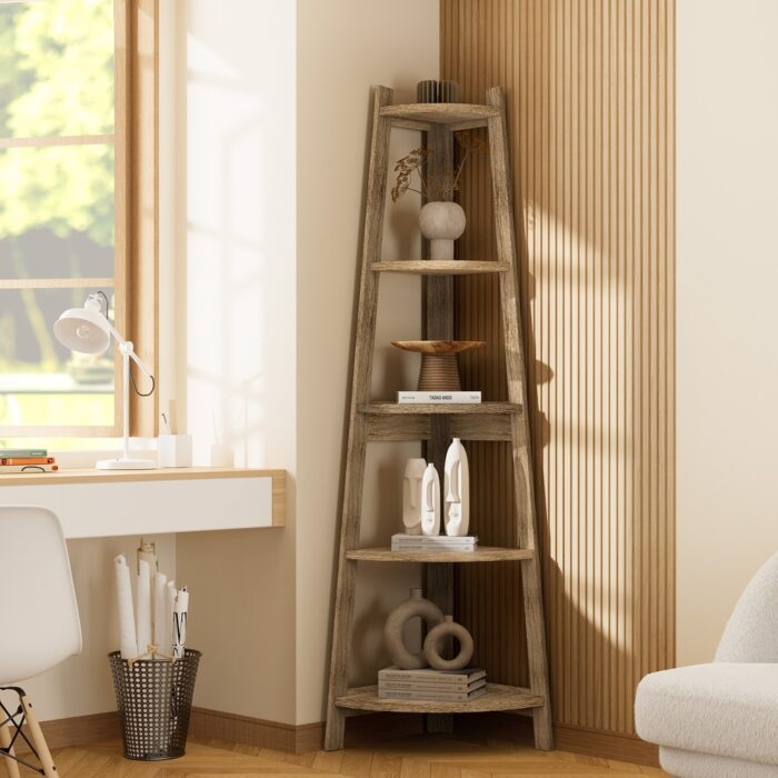 Oikiture Corner Ladder Shelf 5 Tier Display Stand Bookshelf Natural - Image 4