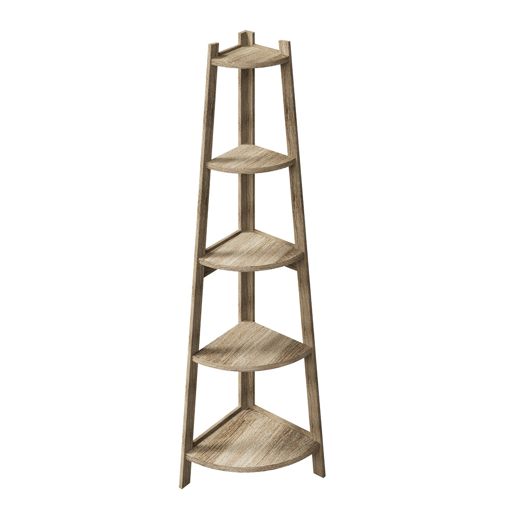 DS-VJ-LAD-COR-WD-01 Oikiture Corner Ladder Shelf 5 Tier Display Stand Bookshelf Natural - Image 1