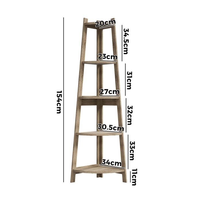 Oikiture Corner Ladder Shelf 5 Tier Display Stand Bookshelf Natural - Image 2