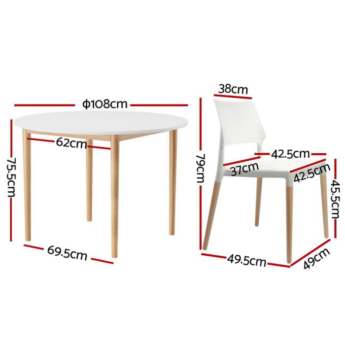 1 Artiss Dining Table and 4 Chairs Set White Wood - Image 2