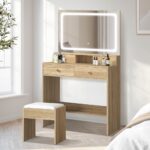 Oikiture Dressing Table Stool Set LED Mirror Natural - Image 5