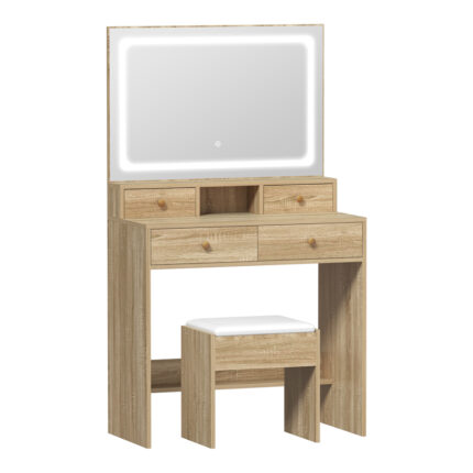 Oikiture Dressing Table Stool Set LED Mirror Natural