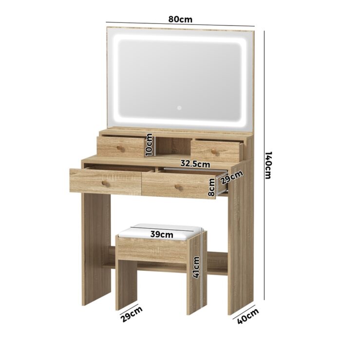 Oikiture Dressing Table Stool Set LED Mirror Natural - Image 7