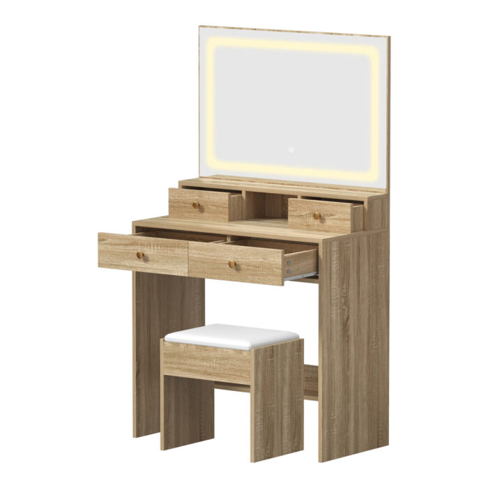 Oikiture Dressing Table Stool Set LED Mirror Natural - Image 6