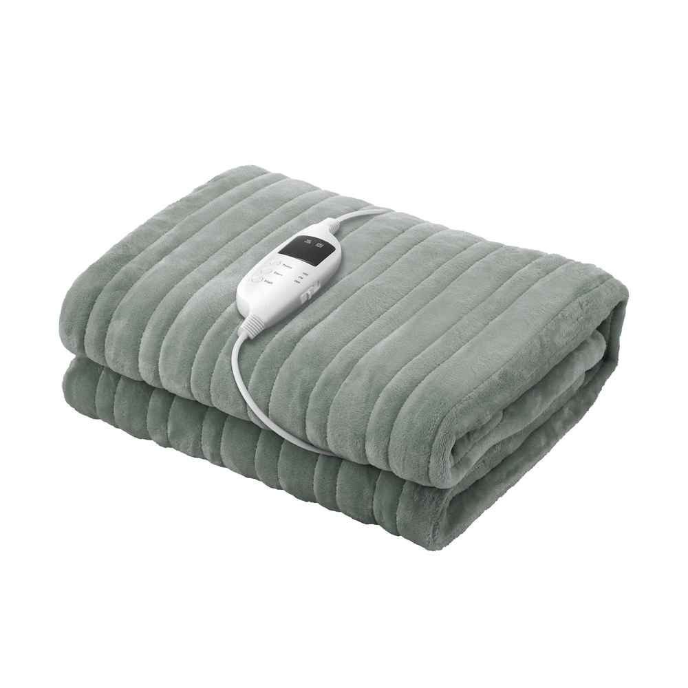 EBK-THROW-GN-01 Bedra Electric Heated Blanket Washable Throw Rug Coral Fleece Light Green - Image 1
