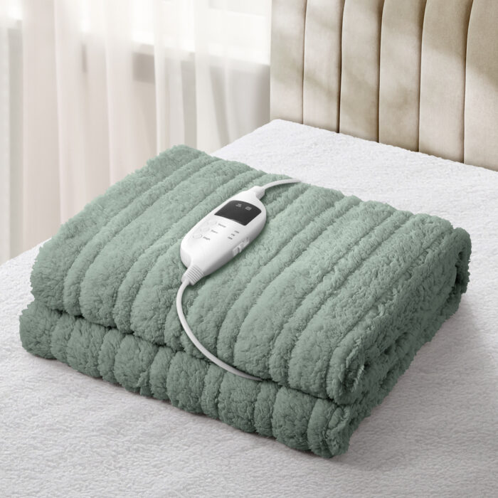 Bedra Electric Heated Blanket Washable Throw Rug Sherpa Coral Fleece Green - Image 3