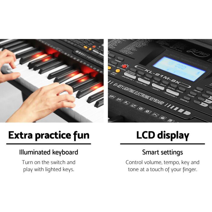 Alpha 61 Keys Electronic Piano Keyboard Digital Electric w/ Stand Lighted Black - Image 5