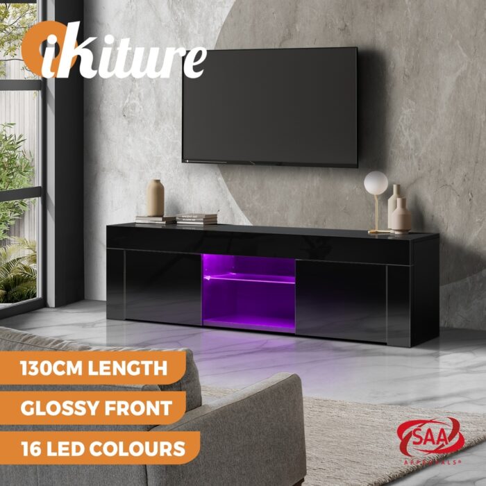Oikiture TV Stand Cabinet Entertainment Unit RGB LED Gloss 130cm Black - Image 4