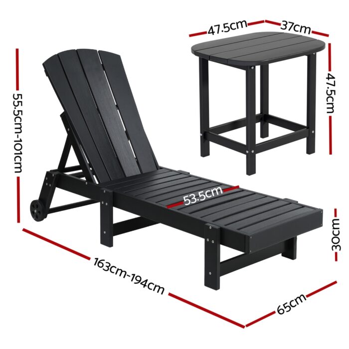 Gardeon Sun Lounge Lounger Table and Chairs Beach Chair HDPE Patio Outdoor Furniture Wheels Black - Image 2